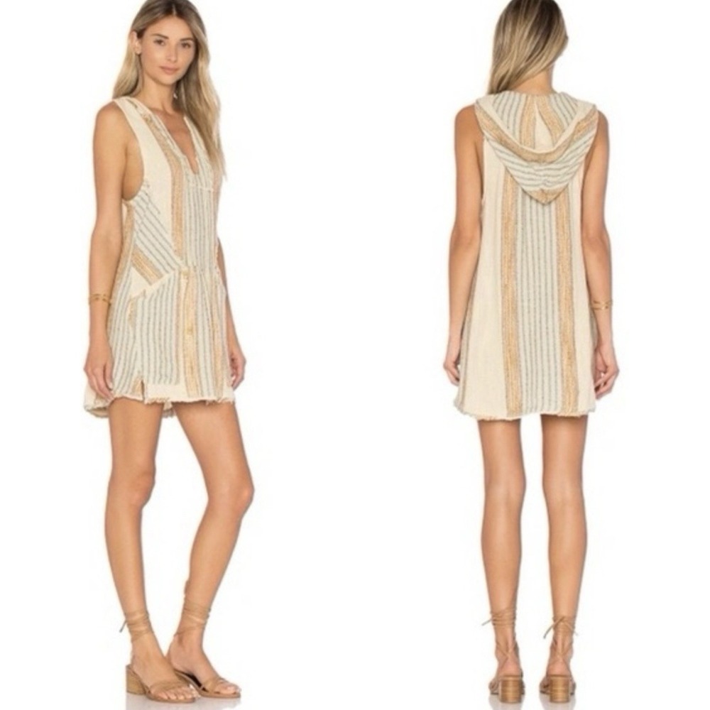 Free People Cream and Tan Striped Hooded Mini Dress